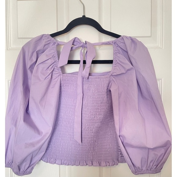 WAYF Lavender Ruched Square Neck Puff Sleeve Smocked Back Tie Top Purple - Picture 2 of 8